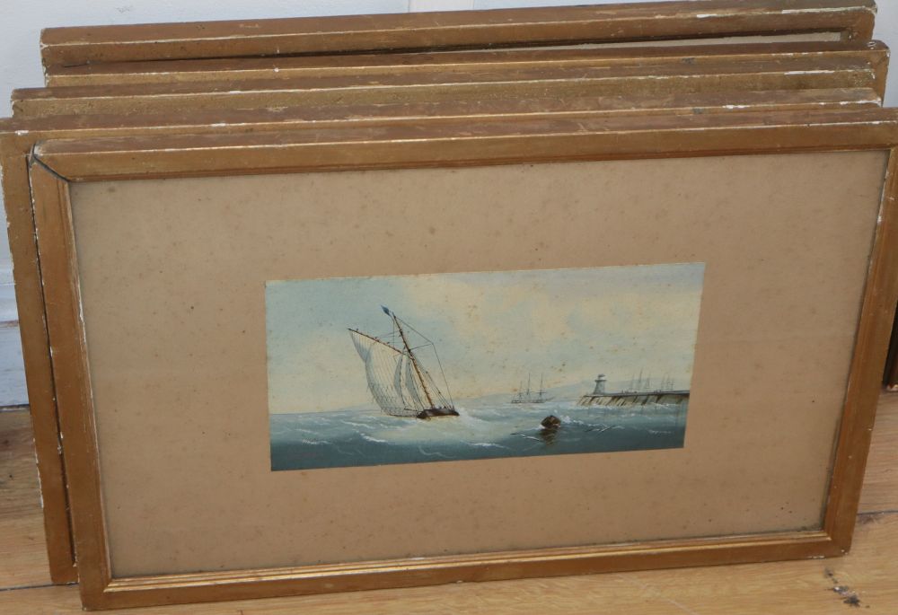 C.H. Lewis, set of five watercolours, Fishing boats off the coast, signed, 13.5 x 26cm